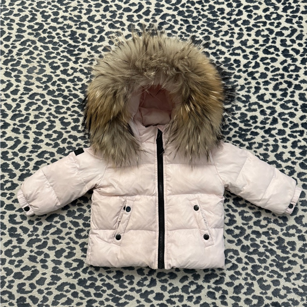 SAM Light Pink Goose Down Quilted Jacket with Real Racoon Fur Trim Hood - Baby